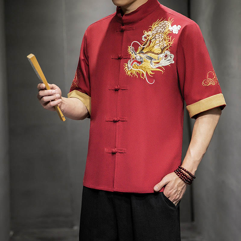 Buddha Stones Frog-Button Chinese Dragon Auspicious Cloud Embroidery Half Sleeve Shirt Cotton Linen Men Clothing - image 16