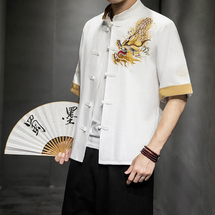 Buddha Stones Frog-Button Chinese Dragon Auspicious Cloud Embroidery Half Sleeve Shirt Cotton Linen Men Clothing - White - US/UK/AU44，EU54 (5XL)  - image 20