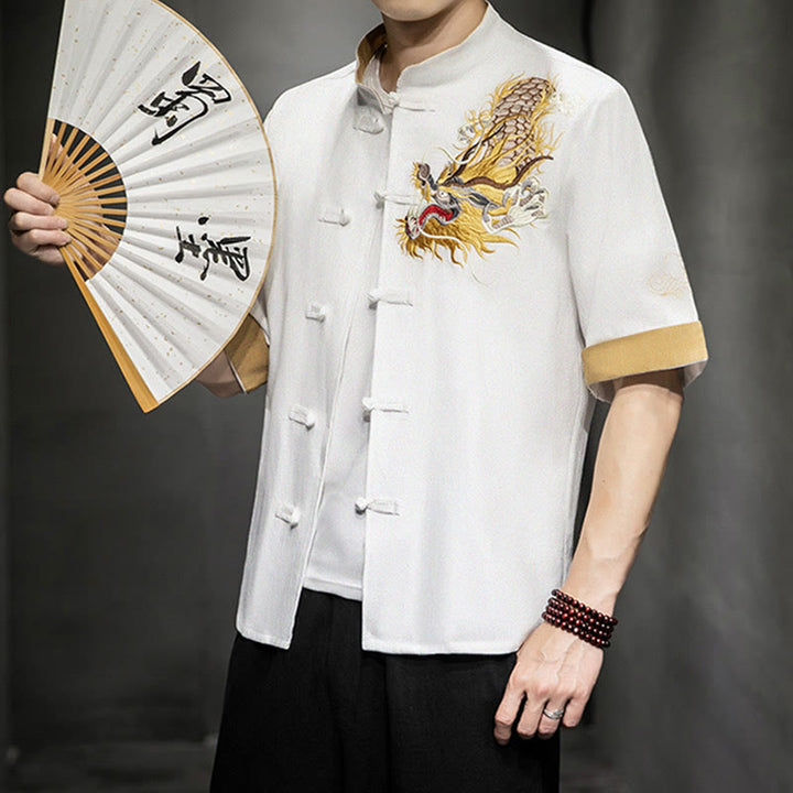 Buddha Stones Frog-Button Chinese Dragon Auspicious Cloud Embroidery Half Sleeve Shirt Cotton Linen Men Clothing - image 21