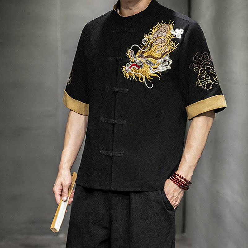 Buddha Stones Frog-Button Chinese Dragon Auspicious Cloud Embroidery Half Sleeve Shirt Cotton Linen Men Clothing - image 6