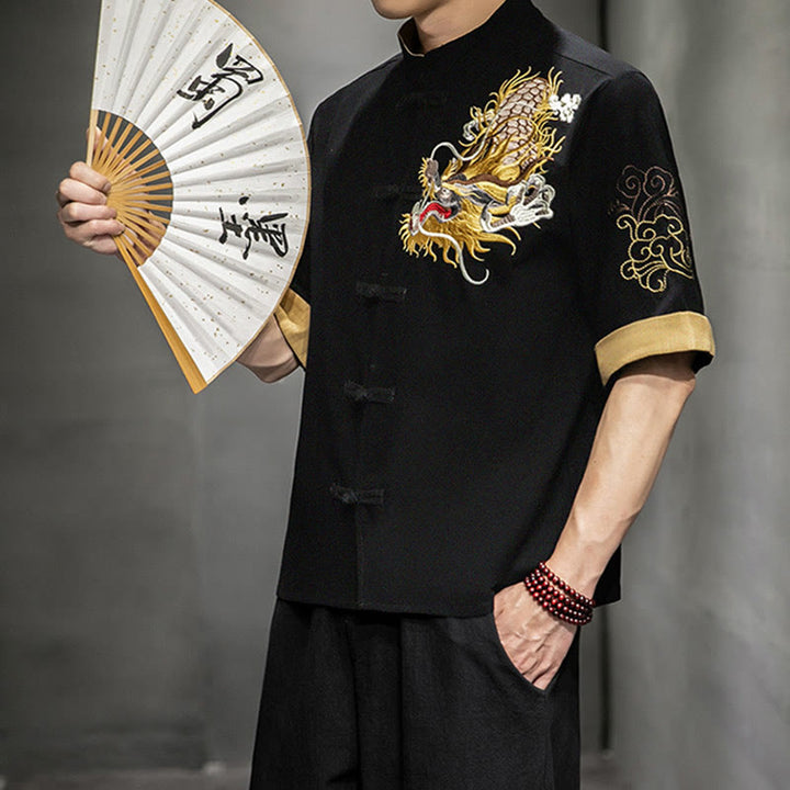 Buddha Stones Frog-Button Chinese Dragon Auspicious Cloud Embroidery Half Sleeve Shirt Cotton Linen Men Clothing - image 4