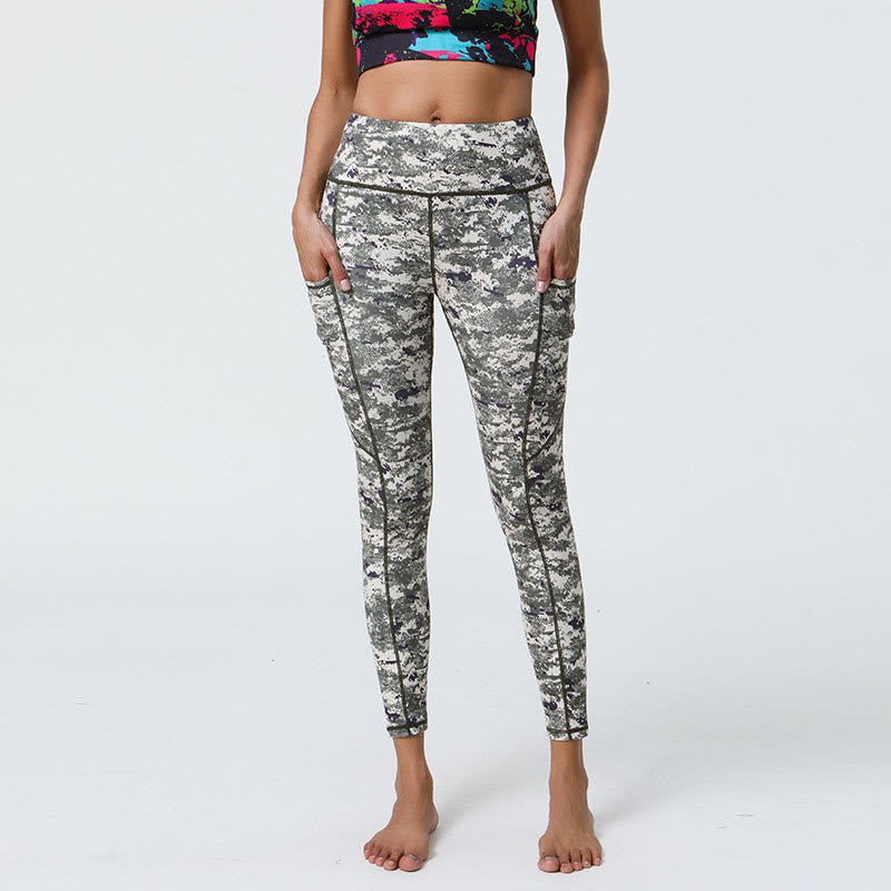 Buddha Stones Rose Lines Tiger Leopard Print Sports Fitness High Waist Leggings Women's Yoga Pants With Pockets - Dark Green White - US12，UK/AU16，EU44 (XL) - image 24