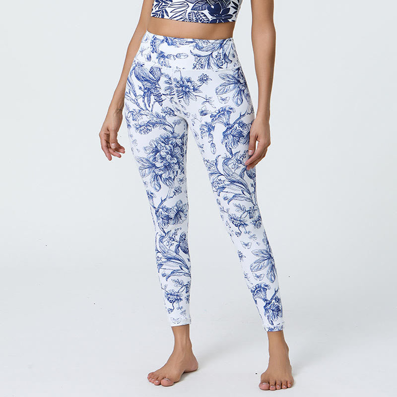 Buddha Stones Flowers Leaves Dandelions Pineapples Print Sports Fitness High Waist Leggings Women's Yoga Pants - Light Blue Flowers - US12，UK/AU16，EU44 (XL) - image 1