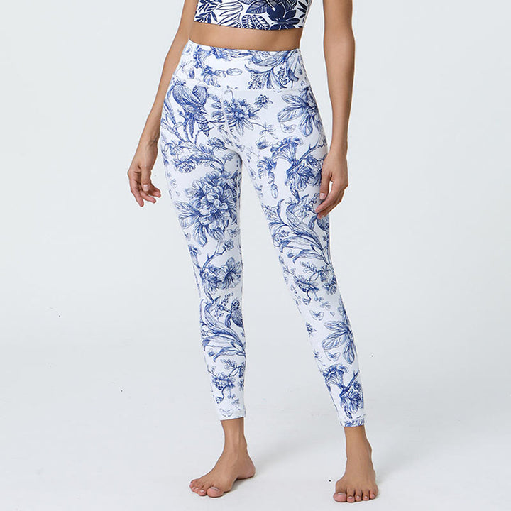 Buddha Stones Flowers Leaves Dandelions Pineapples Print Sports Fitness High Waist Leggings Women's Yoga Pants - Light Blue Flowers - US12，UK/AU16，EU44 (XL) - image 1