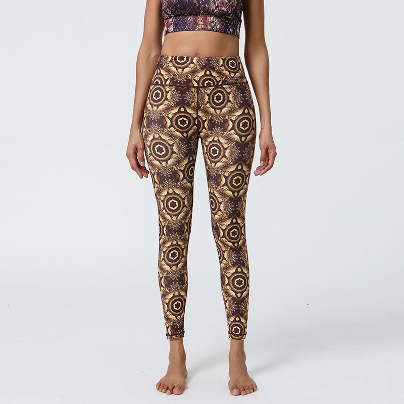 Buddha Stones Flowers Geometric Mandalas Print Sports Fitness Yoga High Waist Leggings Women's Pants - Brown Circles - US12，UK/AU16，EU44 (XL) - image 26
