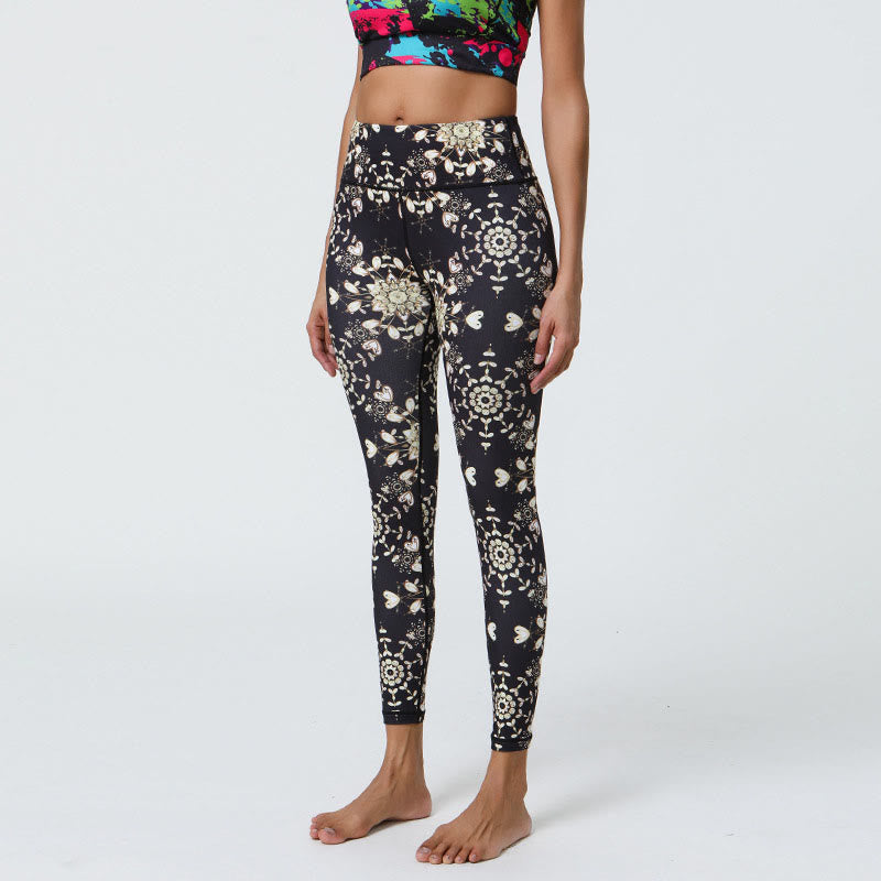 Buddha Stones Flowers Geometric Mandalas Print Sports Fitness Yoga High Waist Leggings Women's Pants - Black White Mandalas - US12，UK/AU16，EU44 (XL) - image 36