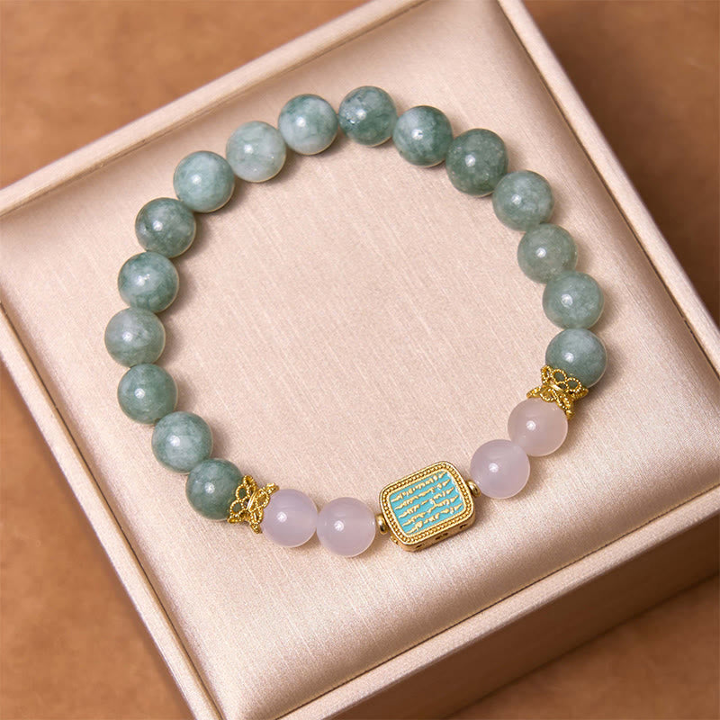 Buddha Stones Natural Green Jade White Agate Five Scriptures Abundance Bracelet - image 2