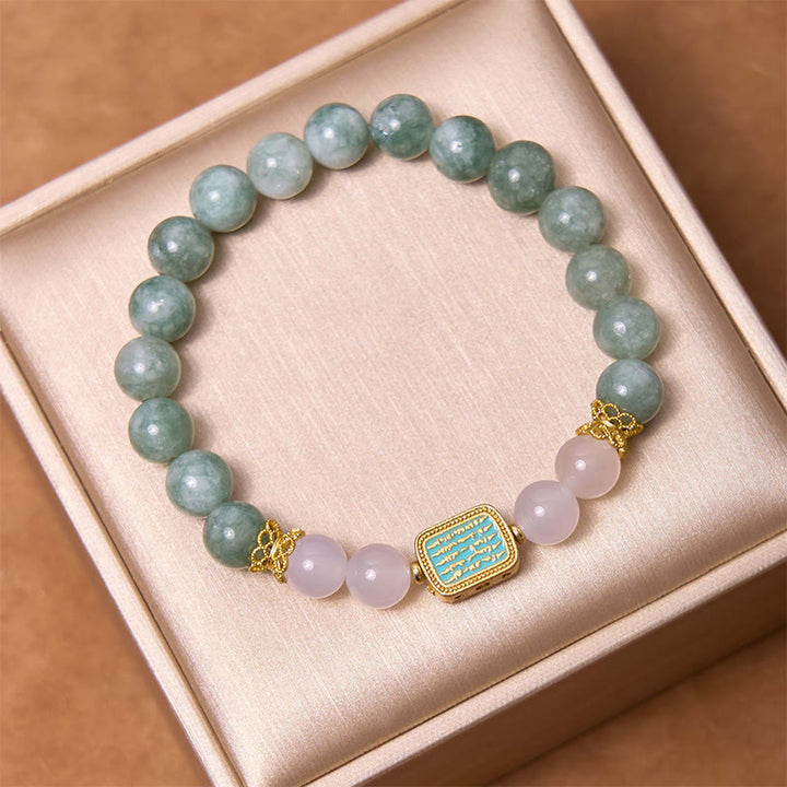 Buddha Stones Natural Green Jade White Agate Five Scriptures Abundance Bracelet - image 2