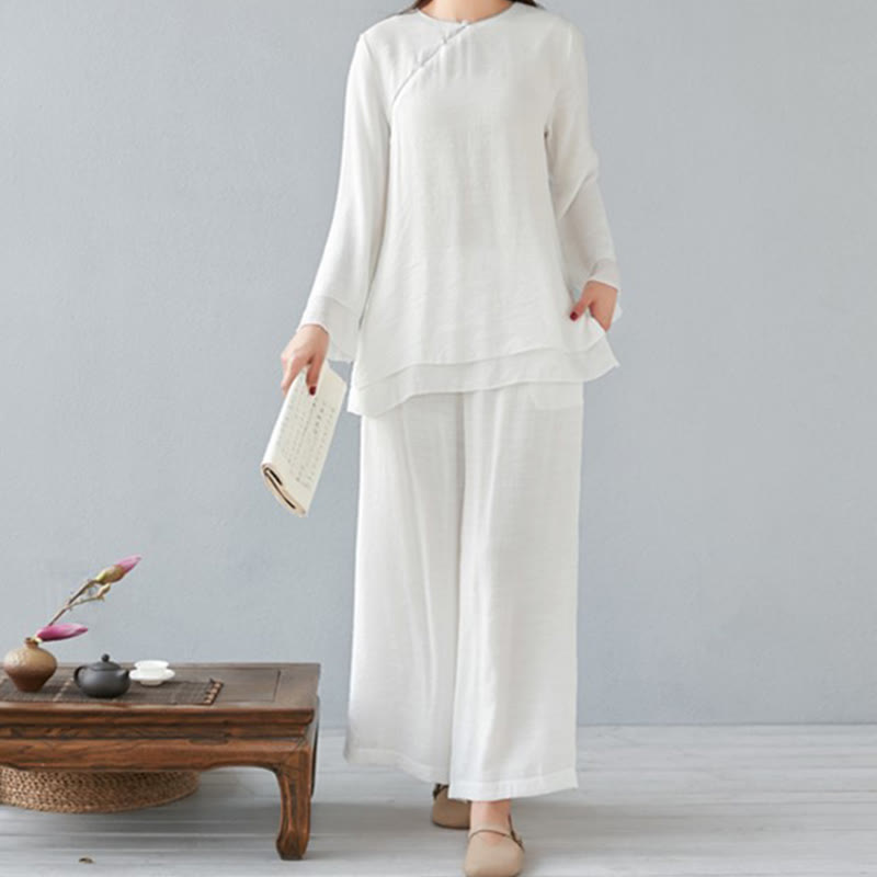 Buddha Stones 2Pcs Three Quarter Sleeve Long Sleeve Shirt Wide Leg Pants Meditation Cotton Linen Clothing Women's Set - White - Long Sleeve - US8-10，UK/AU12-14，EU40-42 (3XL) - image 0