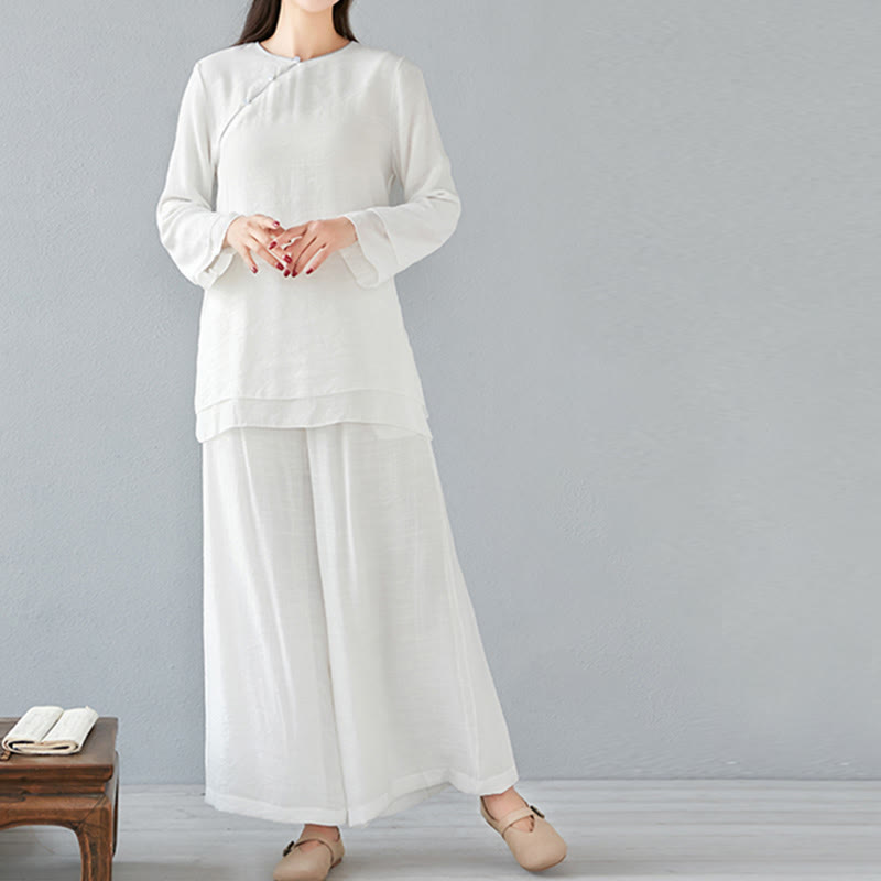 Buddha Stones 2Pcs Three Quarter Sleeve Long Sleeve Shirt Wide Leg Pants Meditation Cotton Linen Clothing Women's Set - image 1