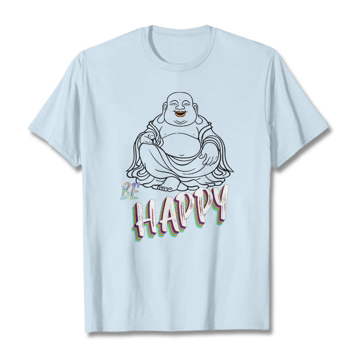 Buddha Stones BE HAPPY Laughing Buddha Tee T-shirt - LightCyan - 2XL - image 18