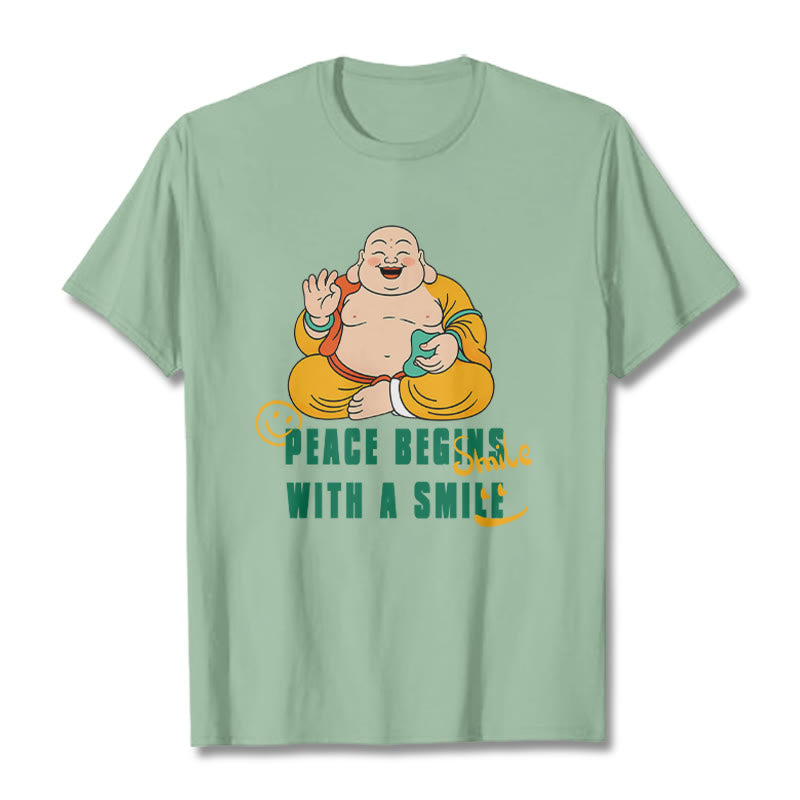 Buddha Stones Peace Begins With A Smile Tee T-shirt - PaleGreen - 2XL - image 0