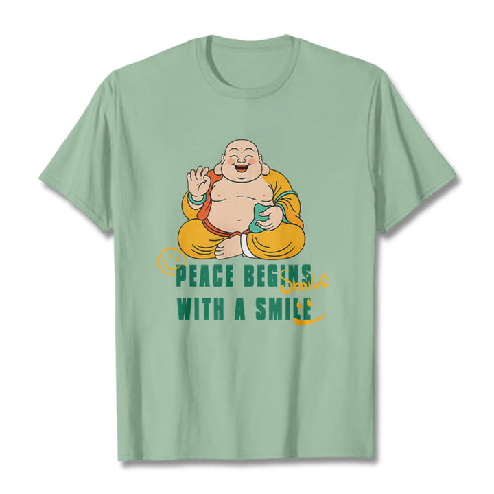 Buddha Stones Peace Begins With A Smile Tee T-shirt - PaleGreen - 2XL - image 0