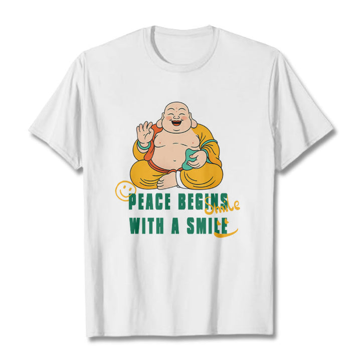 Buddha Stones Peace Begins With A Smile Tee T-shirt - White - 2XL - image 3