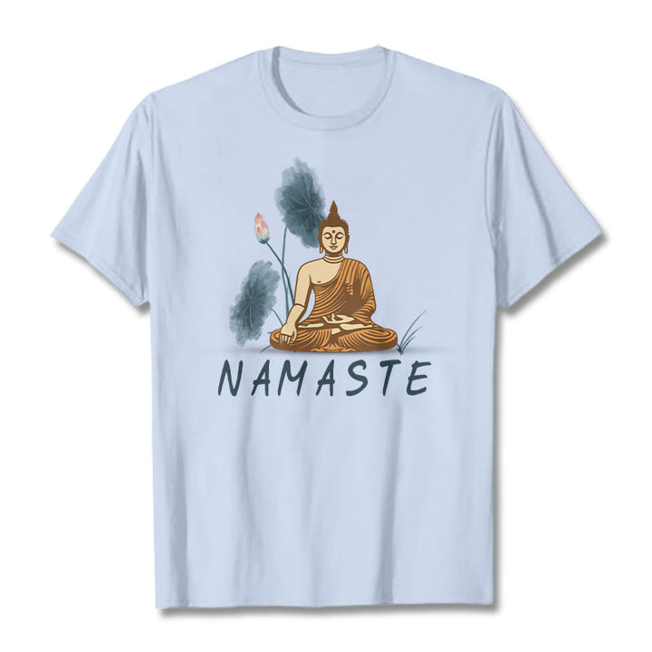 Buddha Stones NAMASTE Buddha Lotus Leaf Tee T-shirt - LightCyan - Thin Font NAMASTE - 2XL - image 36
