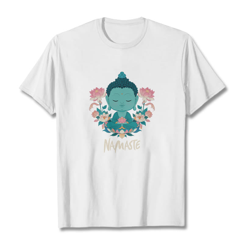 Buddha Stones NAMASTE Buddha Lotus Meditation Tee T-shirt - White - Beige NAMASTE - 2XL - image 21