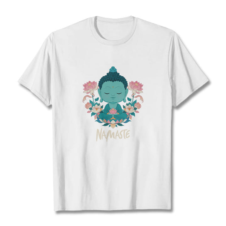 Buddha Stones NAMASTE Buddha Lotus Meditation Tee T-shirt - White - Beige NAMASTE - 2XL - image 21