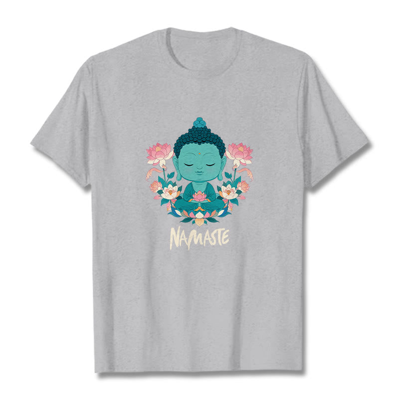 Buddha Stones NAMASTE Buddha Lotus Meditation Tee T-shirt - LightGrey - Beige NAMASTE - 2XL - image 37