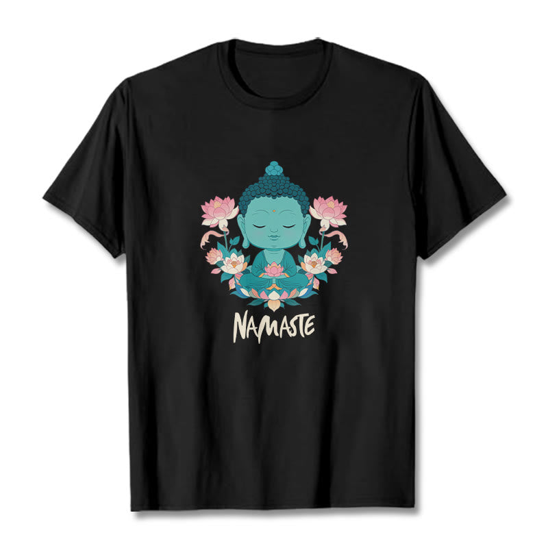 Buddha Stones NAMASTE Buddha Lotus Meditation Tee T-shirt - Black - Beige NAMASTE - 2XL - image 24