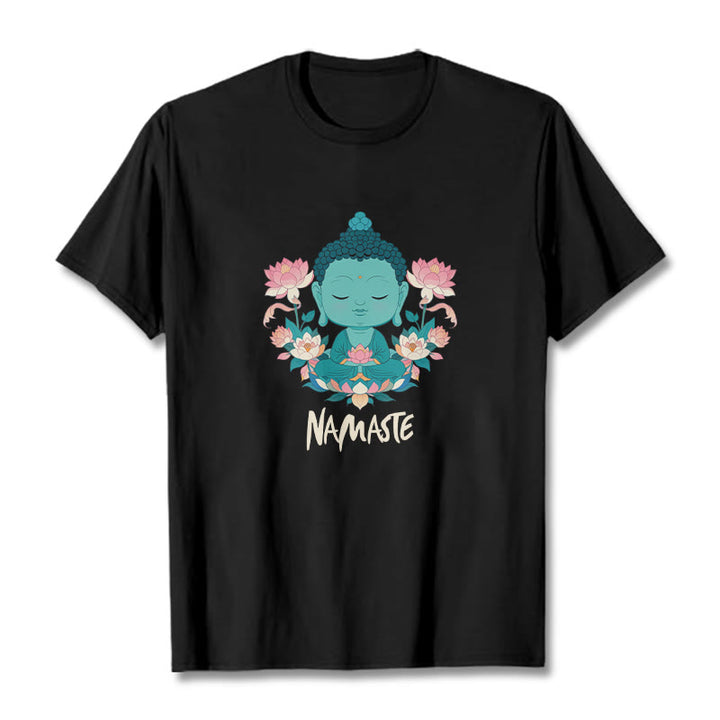 Buddha Stones NAMASTE Buddha Lotus Meditation Tee T-shirt - Black - Beige NAMASTE - 2XL - image 24