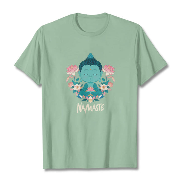 Buddha Stones NAMASTE Buddha Lotus Meditation Tee T-shirt - PaleGreen - Beige NAMASTE - 2XL - image 32
