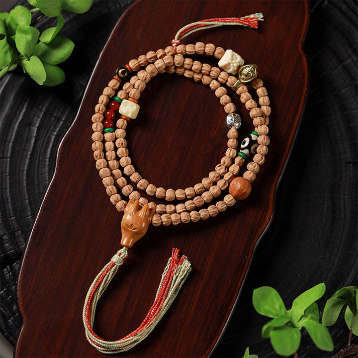 Buddha Stones 108 Beads Bodhi Seed Red Agate Deer Head Wisdom Mala Bracelet - image 8