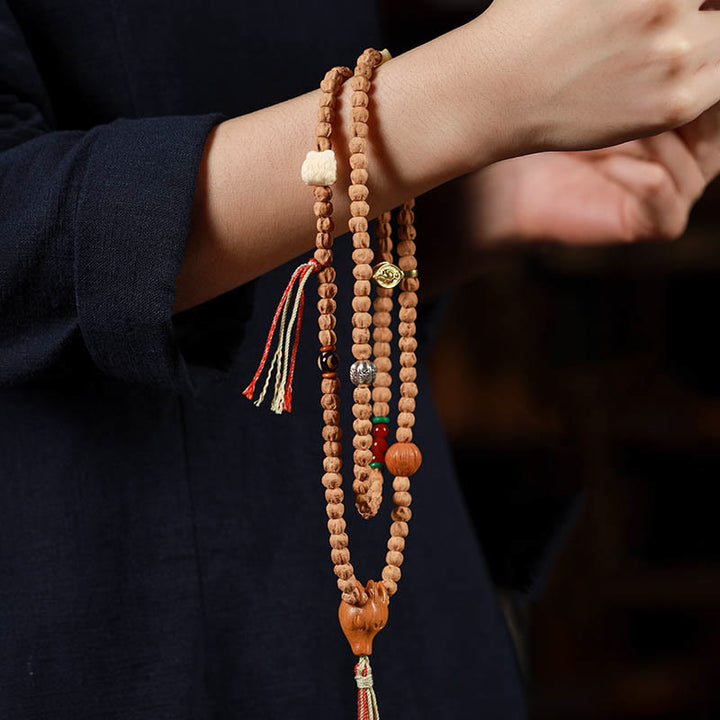 Buddha Stones 108 Beads Bodhi Seed Red Agate Deer Head Wisdom Mala Bracelet - image 10