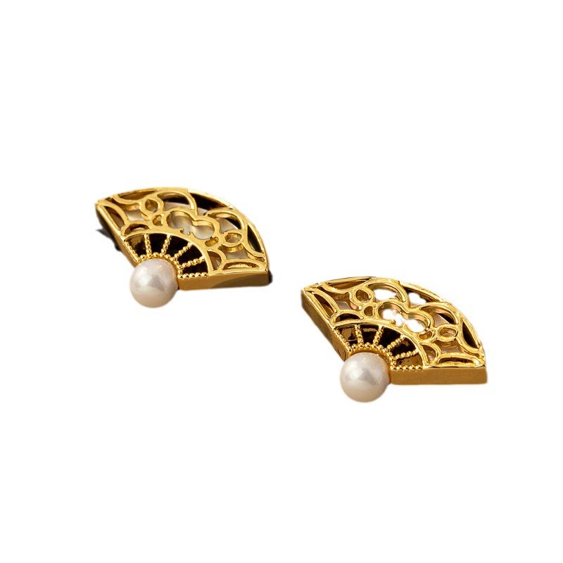 Buddha Stones 925 Sterling Silver Posts Fan Pattern Pearl Copper Wisdom Stud Drop Earrings - image 5
