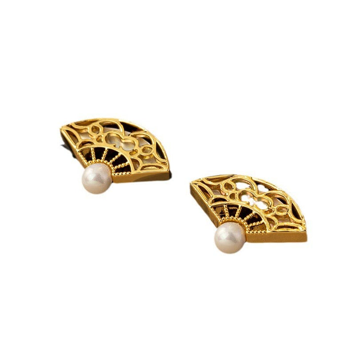 Buddha Stones 925 Sterling Silver Posts Fan Pattern Pearl Copper Wisdom Stud Drop Earrings - image 5