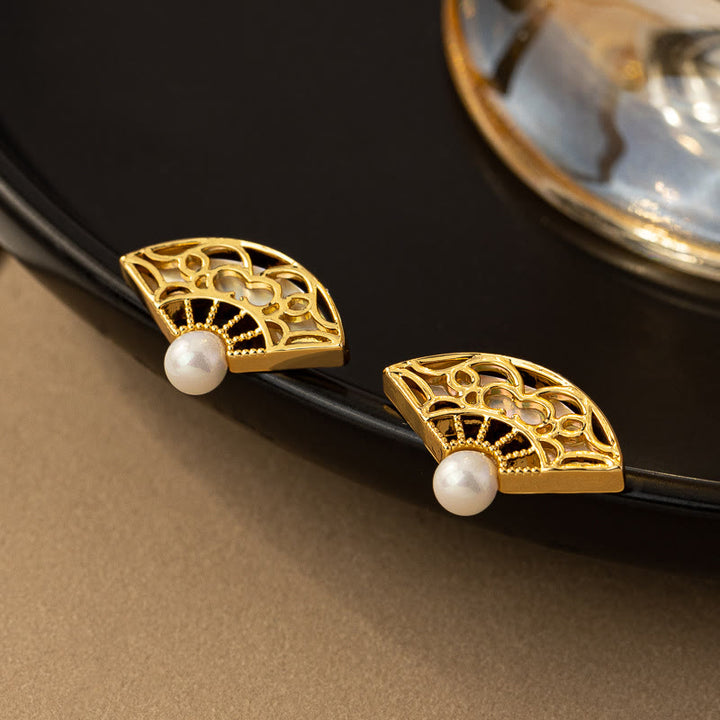 Buddha Stones 925 Sterling Silver Posts Fan Pattern Pearl Copper Wisdom Stud Drop Earrings - image 3