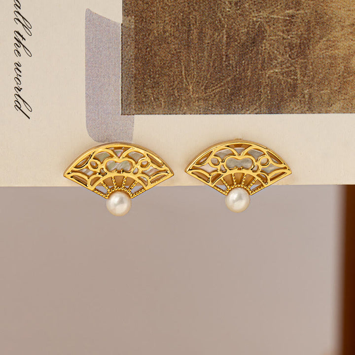 Buddha Stones 925 Sterling Silver Posts Fan Pattern Pearl Copper Wisdom Stud Drop Earrings - image 2