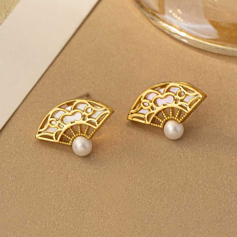 Buddha Stones 925 Sterling Silver Posts Fan Pattern Pearl Copper Wisdom Stud Drop Earrings - image 4