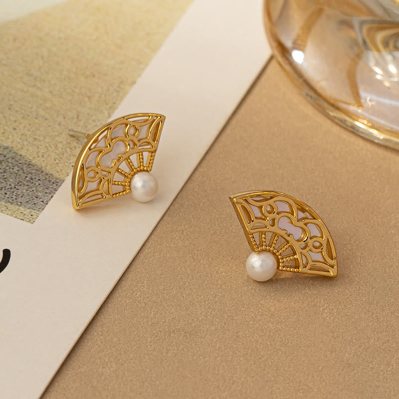 Buddha Stones 925 Sterling Silver Posts Fan Pattern Pearl Copper Wisdom Stud Drop Earrings - image 1