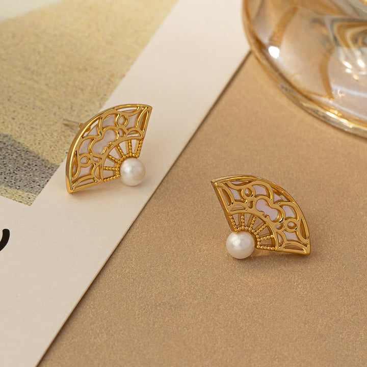 Buddha Stones 925 Sterling Silver Posts Fan Pattern Pearl Copper Wisdom Stud Drop Earrings - image 1