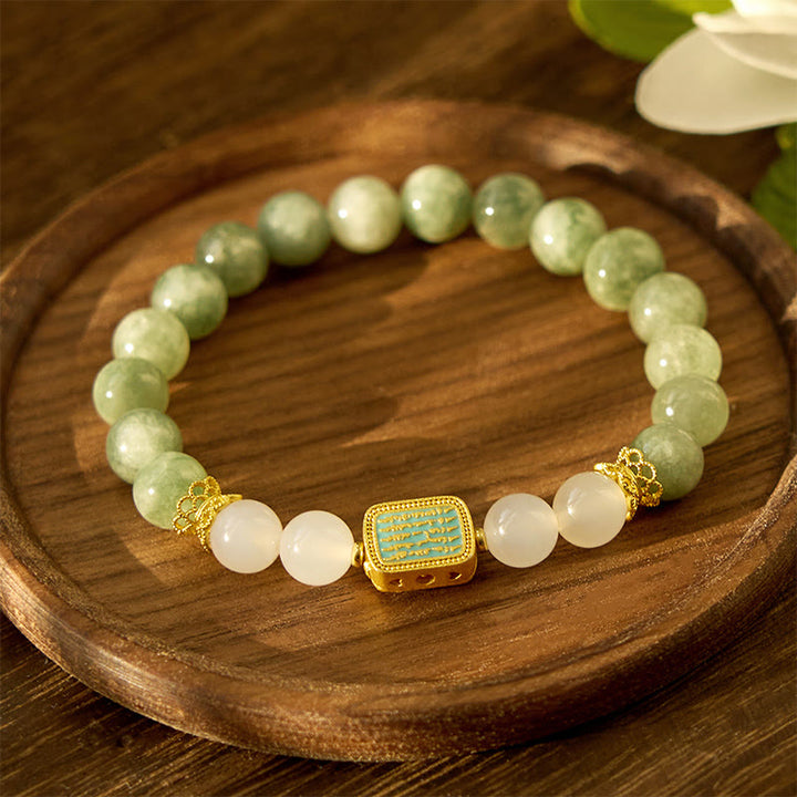 Buddha Stones Natural Green Jade White Agate Five Scriptures Abundance Bracelet - image 5