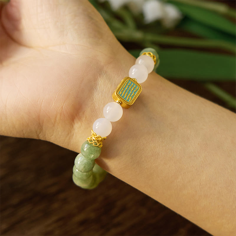 Buddha Stones Natural Green Jade White Agate Five Scriptures Abundance Bracelet - image 6