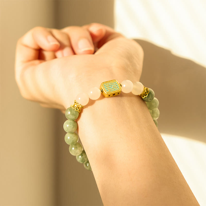 Buddha Stones Natural Green Jade White Agate Five Scriptures Abundance Bracelet - image 3