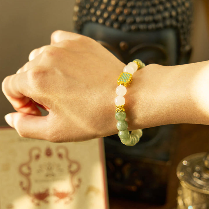 Buddha Stones Natural Green Jade White Agate Five Scriptures Abundance Bracelet - image 4