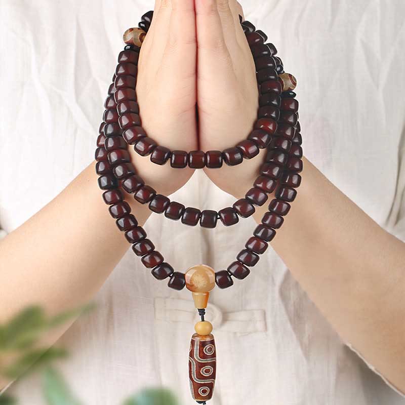 Buddha Stones 108 Mala Beads Three-eyed Dzi Bead Nine-eye Dzi Bead Jade Luck Bracelet - 108 Mala Beads Three-eyed Dzi Bead(Wrist Circumference: 14-17cm) - image 0