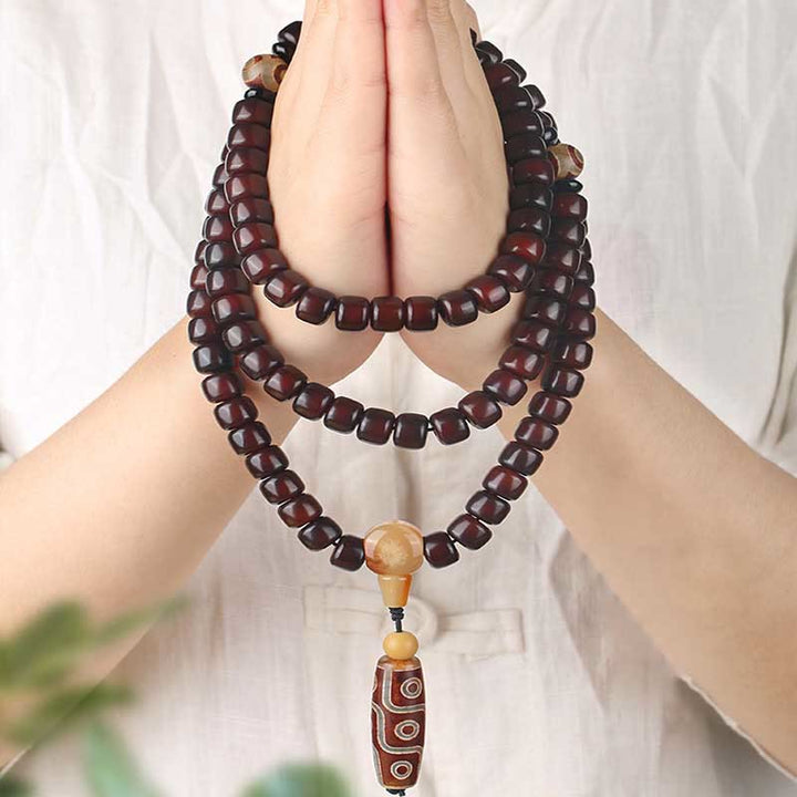 Buddha Stones 108 Mala Beads Three-eyed Dzi Bead Nine-eye Dzi Bead Jade Luck Bracelet - 108 Mala Beads Three-eyed Dzi Bead(Wrist Circumference: 14-17cm) - image 0