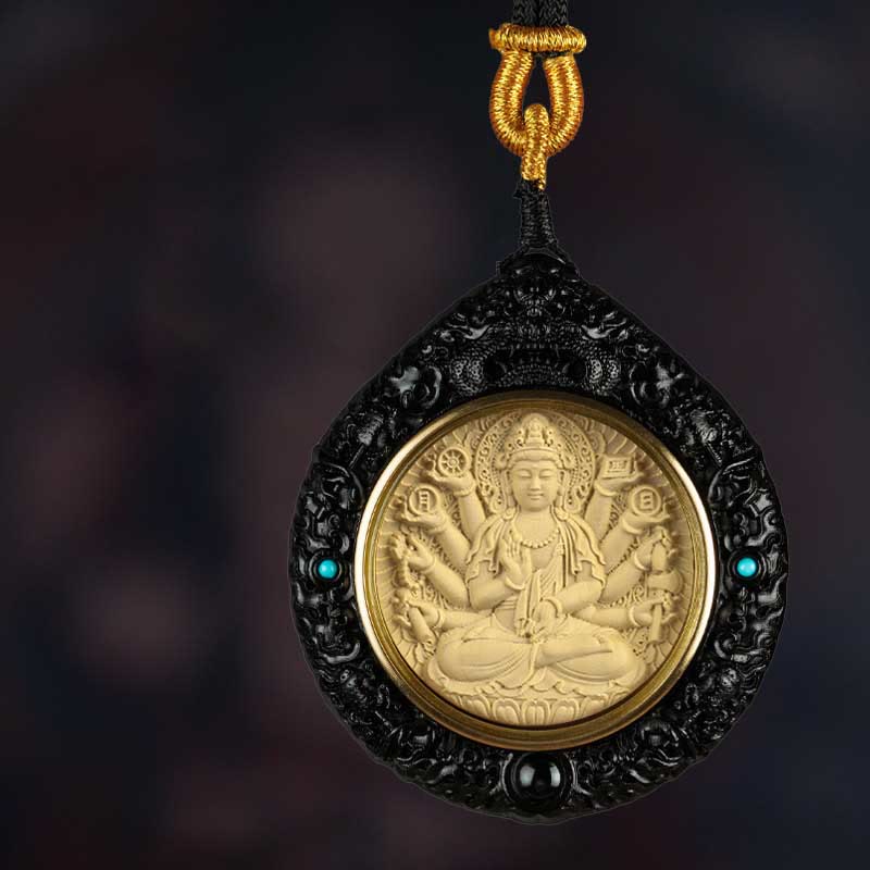 Buddha Stones Chinese Zodiac Natal Buddha Small Leaf Red Sandalwood Ebony Longevity Necklace Pendant - Rat-Thousand-armed Avalokitesvara - Ebony - image 1