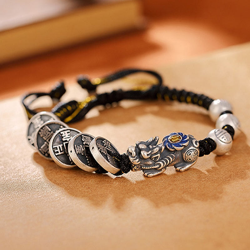Buddha Stones 999 Sterling Silver FengShui PiXiu Copper Coin Fu Character Wealth Braided Bracelet - image 6
