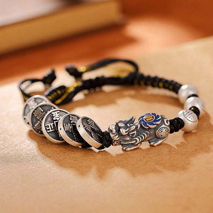 Buddha Stones 999 Sterling Silver FengShui PiXiu Copper Coin Fu Character Wealth Braided Bracelet - image 6