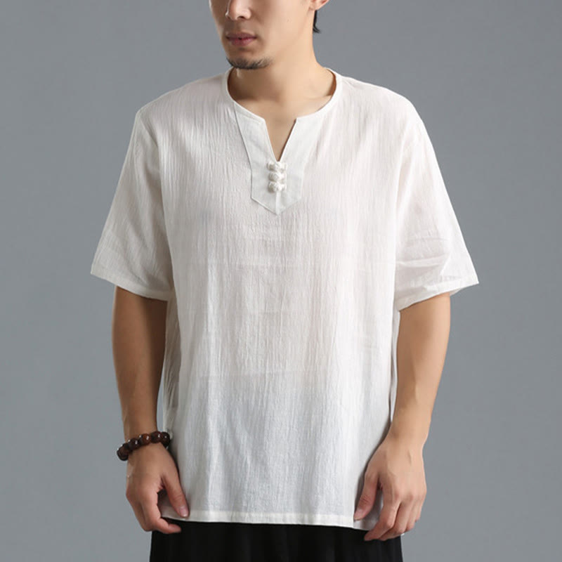 Buddha Stones Men's Solid Color V-Neck Button Short Sleeve Cotton Linen Shirt - image 1