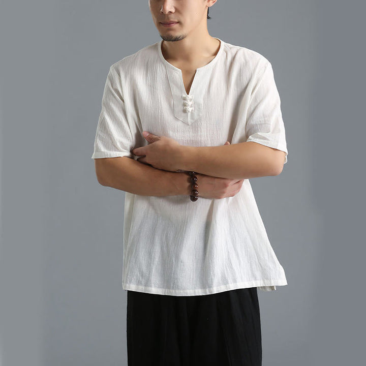 Buddha Stones Men's Solid Color V-Neck Button Short Sleeve Cotton Linen Shirt - image 3