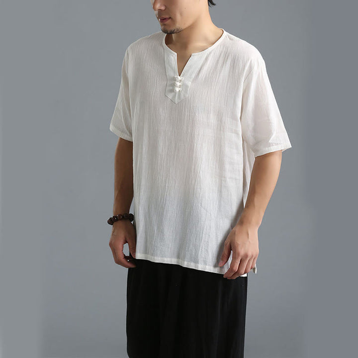 Buddha Stones Men's Solid Color V-Neck Button Short Sleeve Cotton Linen Shirt - image 6