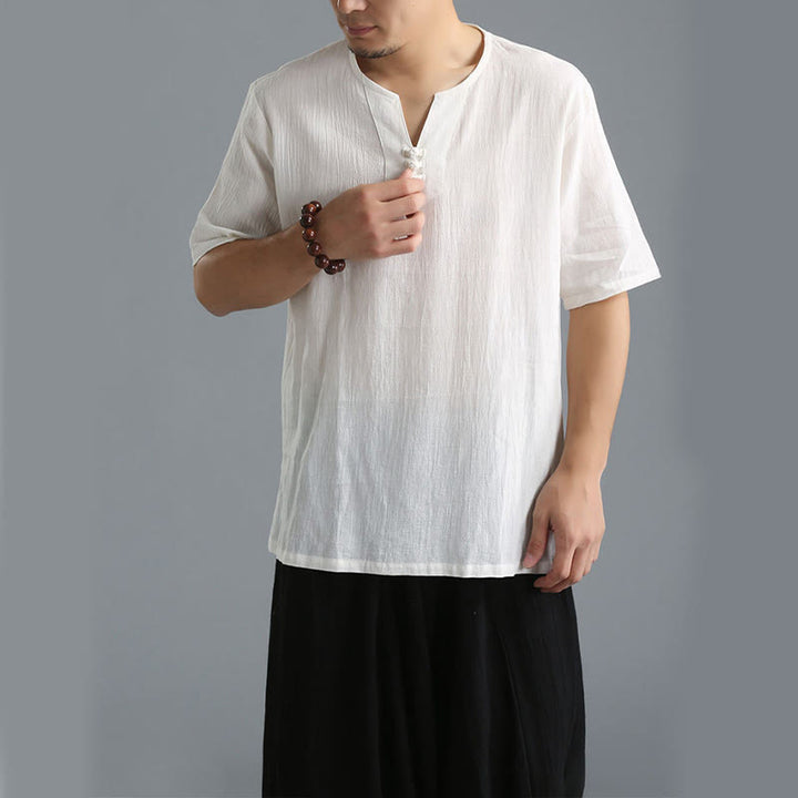 Buddha Stones Men's Solid Color V-Neck Button Short Sleeve Cotton Linen Shirt - image 4