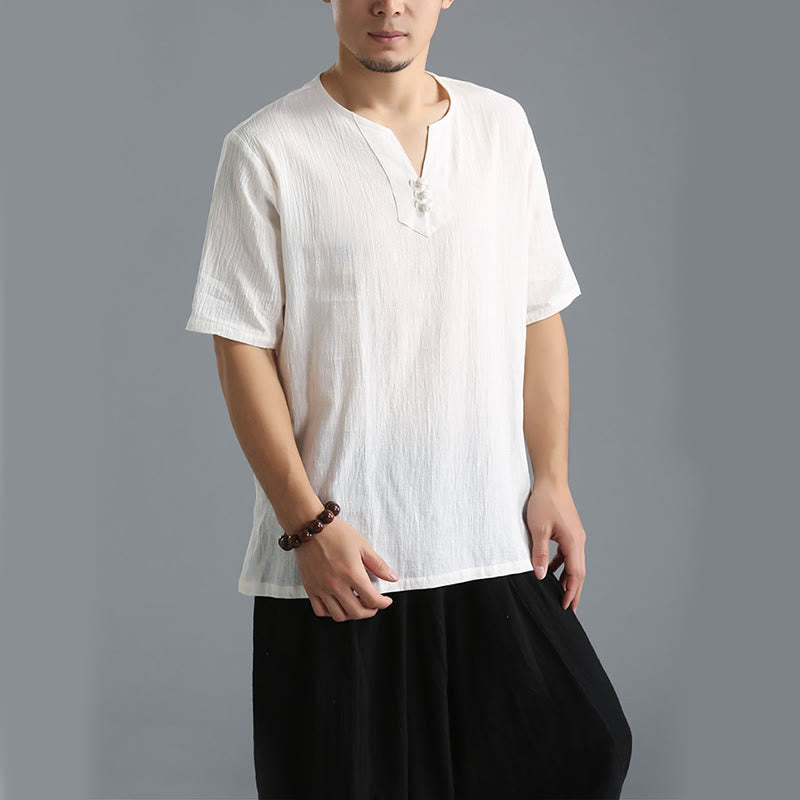 Buddha Stones Men's Solid Color V-Neck Button Short Sleeve Cotton Linen Shirt - image 2