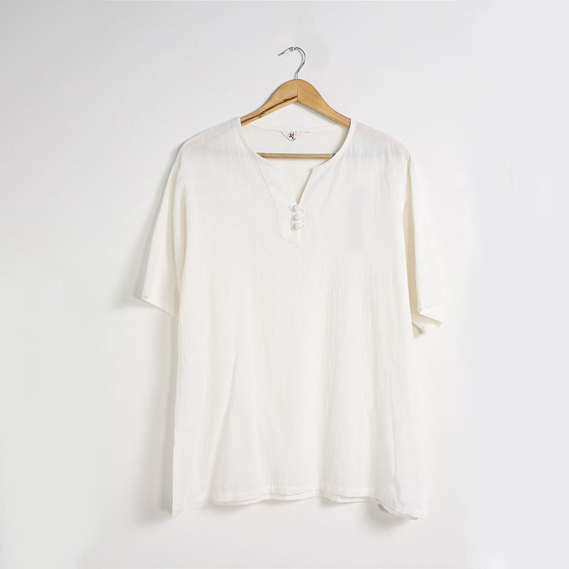 Buddha Stones Men's Solid Color V-Neck Button Short Sleeve Cotton Linen Shirt - image 7