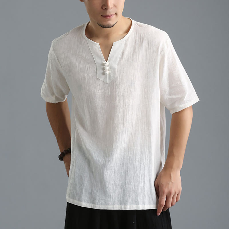 Buddha Stones Men's Solid Color V-Neck Button Short Sleeve Cotton Linen Shirt - White - US/UK/AU40，EU50 (XL) - image 0
